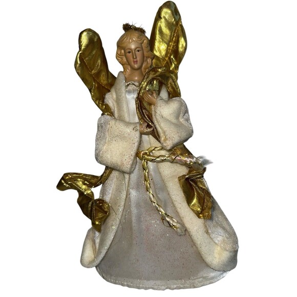 Vintage Gold Wing Angel Tree Topper White Velvet Gown Classic Christmas Angel - Picture 4 of 10
